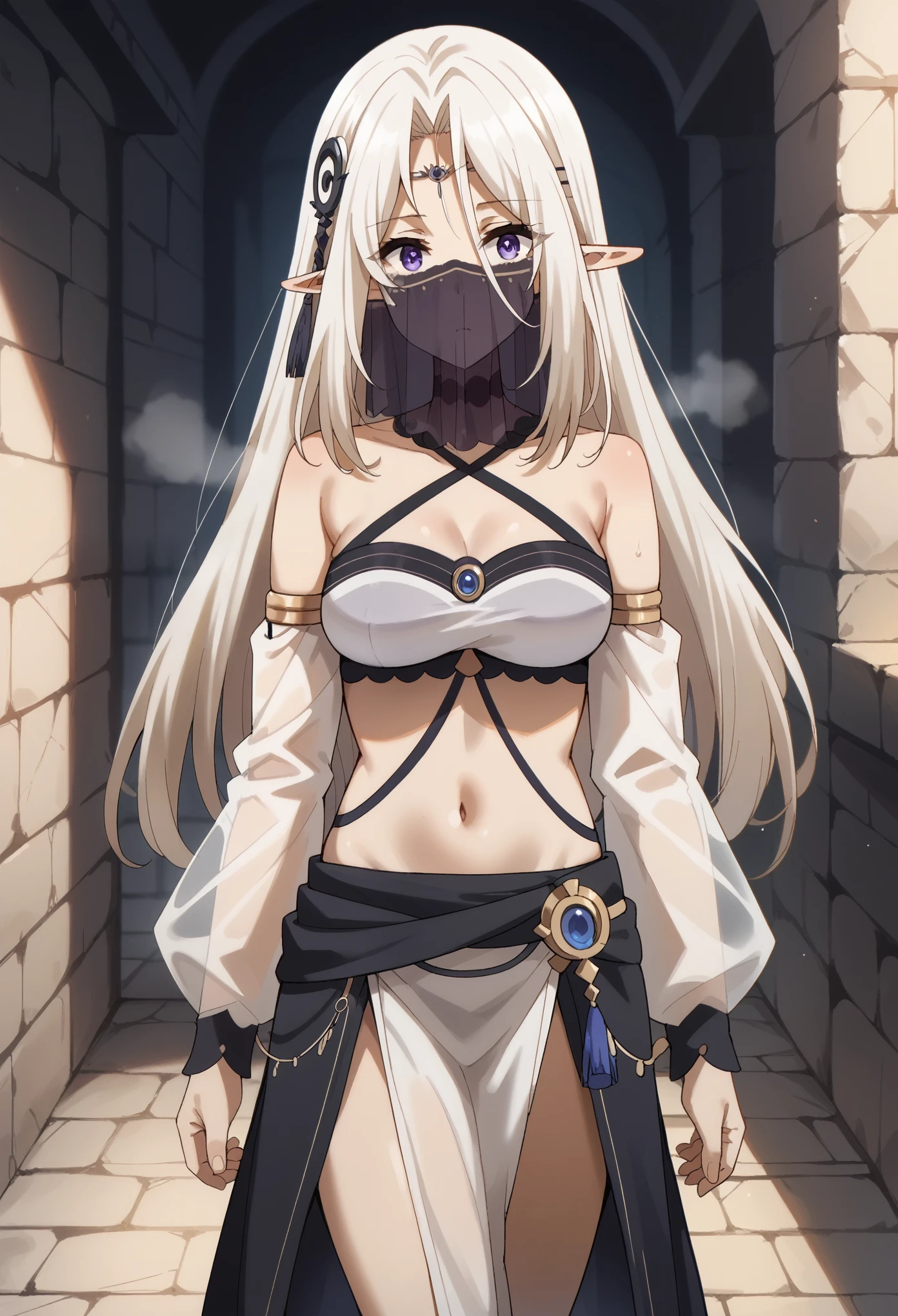 beatrix, long hair, bangs, purple eyes, white hair, pointy ears, elf, veil, long hair, mouth veil, black hair, circlet, see-through, crop top, pelvic curtain, detached sleeves, bare shoulders, midriff, expressionless, Narrow shoulders, heavy breathing, steaming body, dungeon, dark, indoor, walking