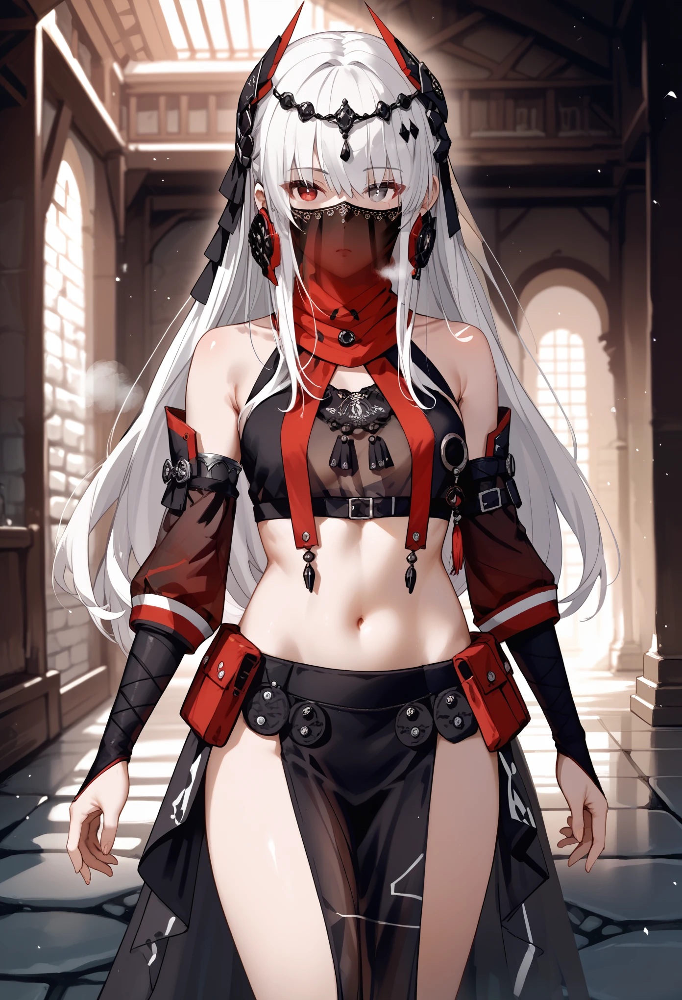 zPDXL2, score_9_up, score_8_up, score_7_up, (Anime_source), 1girl, CrimsonAbyss, Heterochromia, red eye, grey eye, white hair, 
 veil, long hair, mouth veil, black hair, circlet, see-through, crop top, pelvic curtain, detached sleeves, bare shoulders, midriff, expressionless, Narrow shoulders, heavy breathing, steaming body, dungeon, dark, indoor, walking
