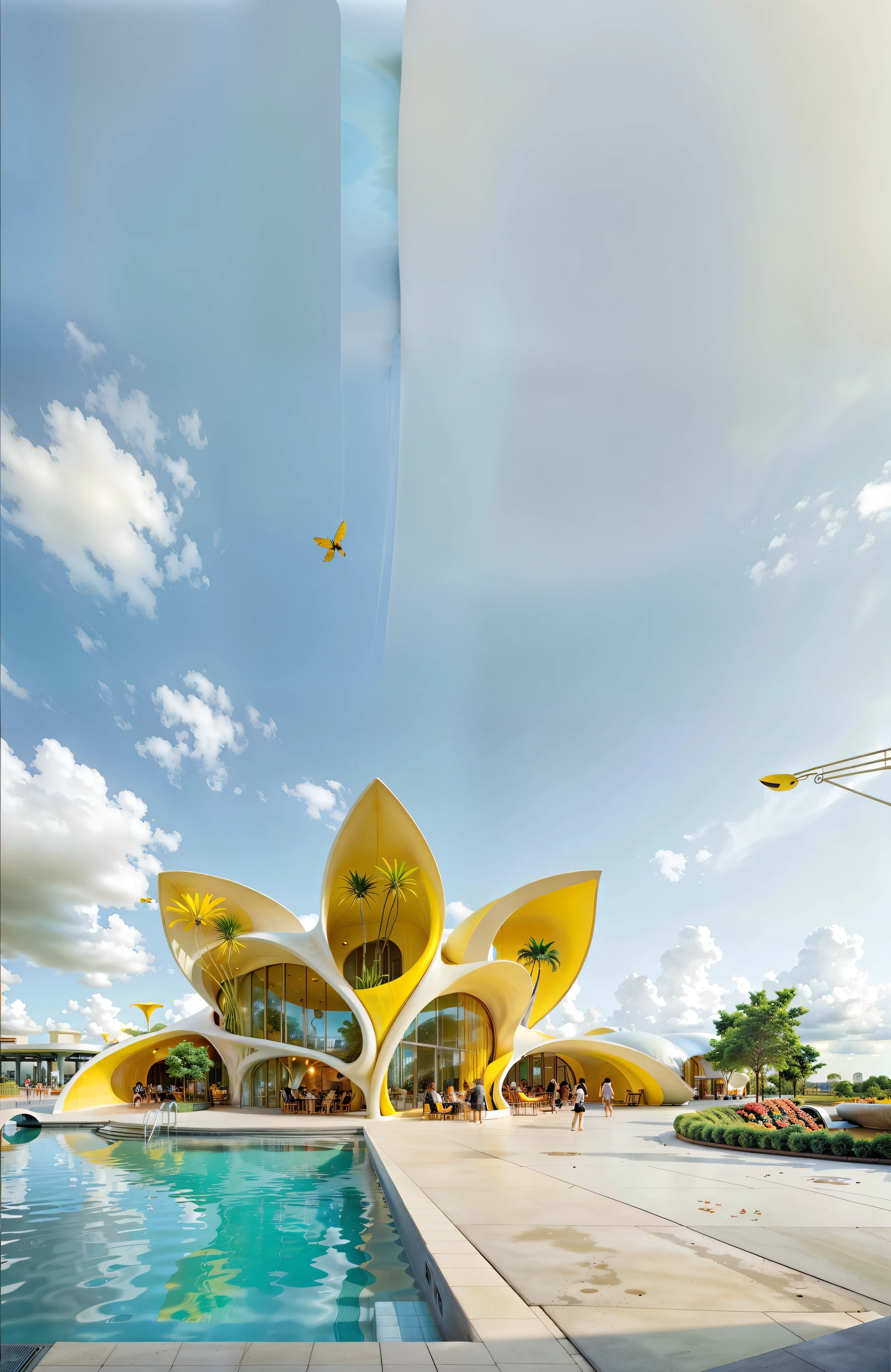 petals shaped Cafe, concrete and yellow glass, by Syd Mead, park, people, small pool, wide blue sky, front garden, trees