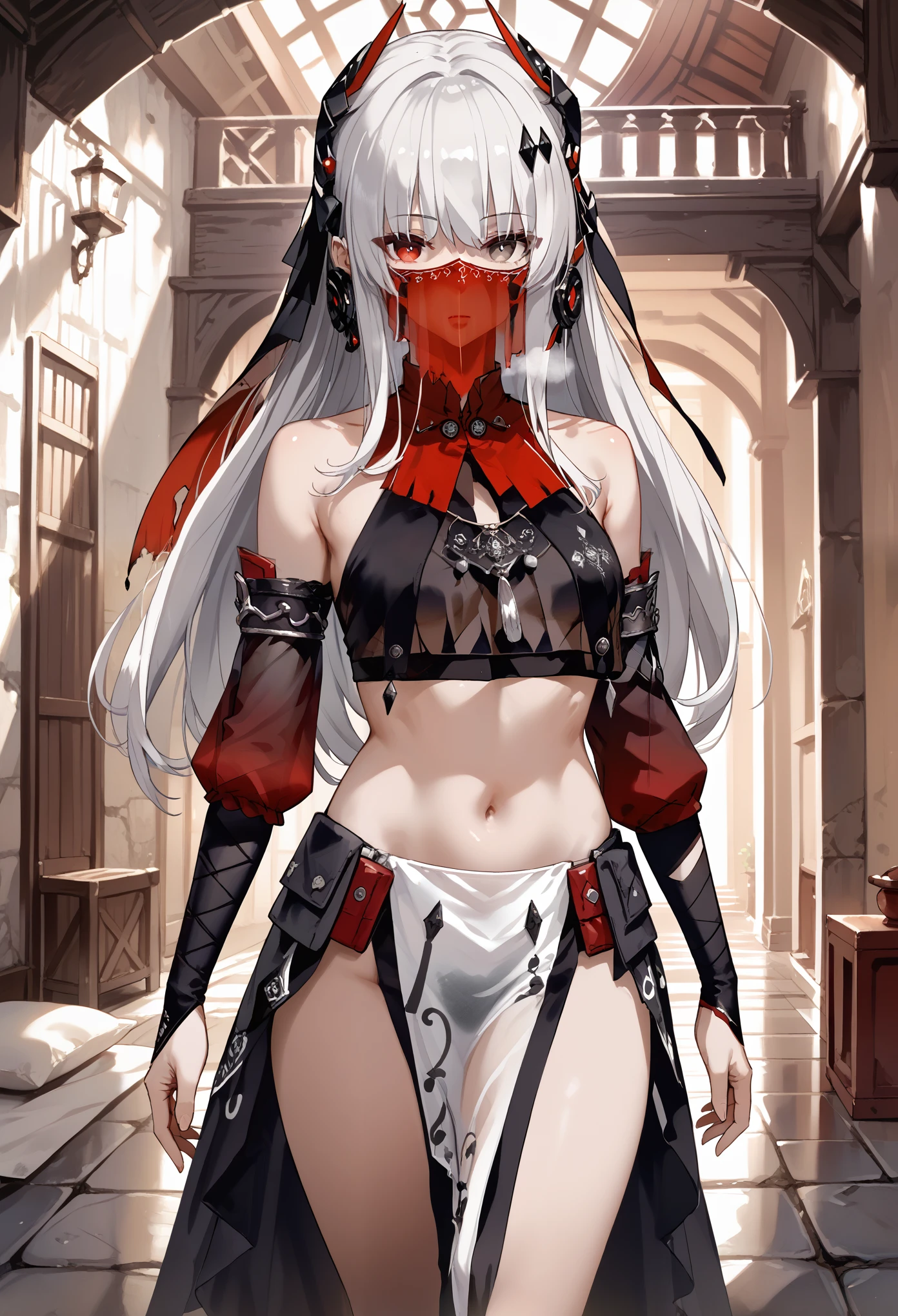 zPDXL2, score_9_up, score_8_up, score_7_up, (Anime_source), 1girl, CrimsonAbyss, Heterochromia, red eye, grey eye, white hair, veil, long hair, mouth veil, black hair, circlet, see-through, crop top, pelvic curtain, detached sleeves, bare shoulders, midriff, expressionless, Narrow shoulders, heavy breathing, steaming body, dungeon, dark, indoor, walking
