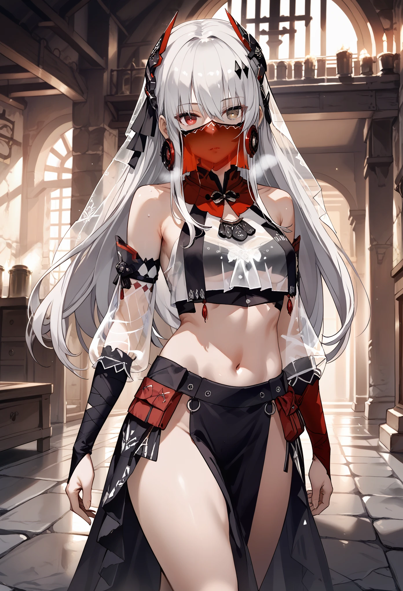 zPDXL2, score_9_up, score_8_up, score_7_up, (Anime_source), 1girl, CrimsonAbyss, Heterochromia, red eye, grey eye, white hair, veil, long hair, mouth veil, black hair, circlet, see-through, crop top, pelvic curtain, detached sleeves, bare shoulders, midriff, expressionless, Narrow shoulders, heavy breathing, steaming body, dungeon, dark, indoor, walking
