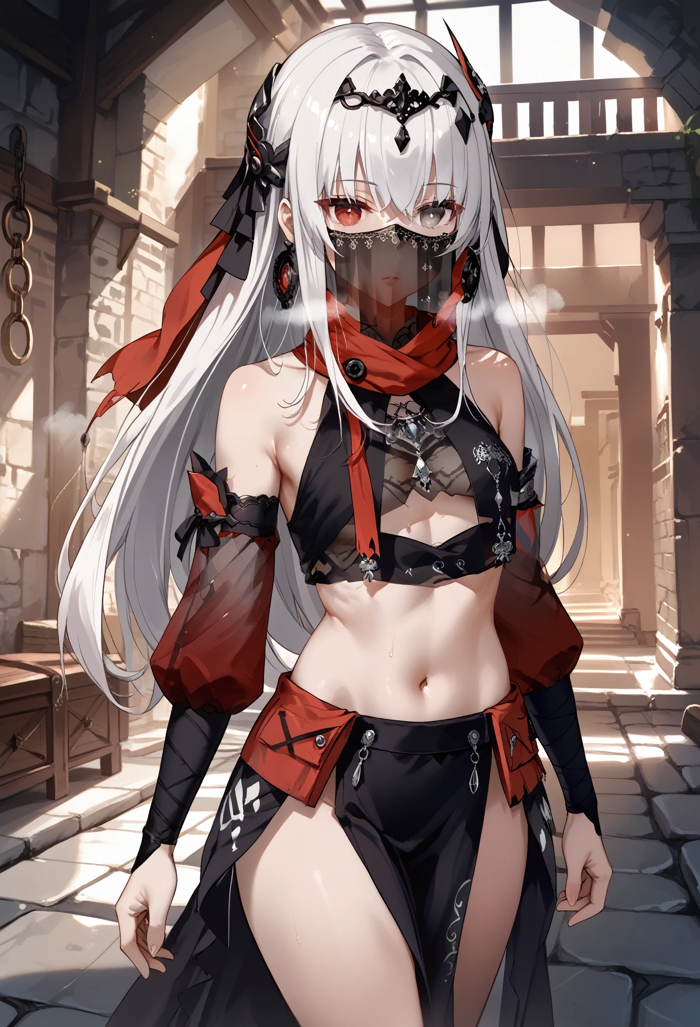 zPDXL2, score_9_up, score_8_up, score_7_up, (Anime_source), 1girl, CrimsonAbyss, Heterochromia, red eye, grey eye, white hair, veil, long hair, mouth veil, black hair, circlet, see-through, crop top, pelvic curtain, detached sleeves, bare shoulders, midriff, expressionless, Narrow shoulders, heavy breathing, steaming body, dungeon, dark, indoor, walking
