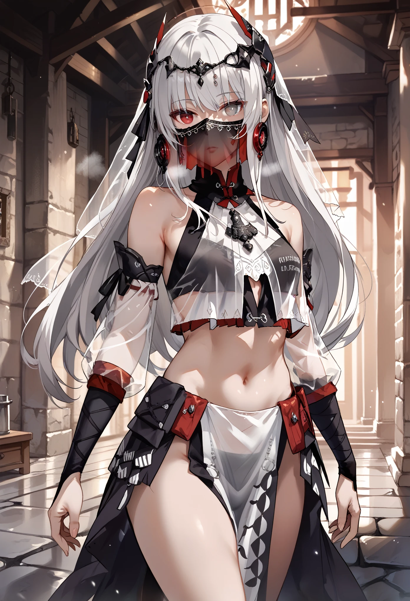 zPDXL2, score_9_up, score_8_up, score_7_up, (Anime_source), 1girl, CrimsonAbyss, Heterochromia, red eye, grey eye, white hair, veil, long hair, mouth veil, black hair, circlet, see-through, crop top, pelvic curtain, detached sleeves, bare shoulders, midriff, expressionless, Narrow shoulders, heavy breathing, steaming body, dungeon, dark, indoor, walking
