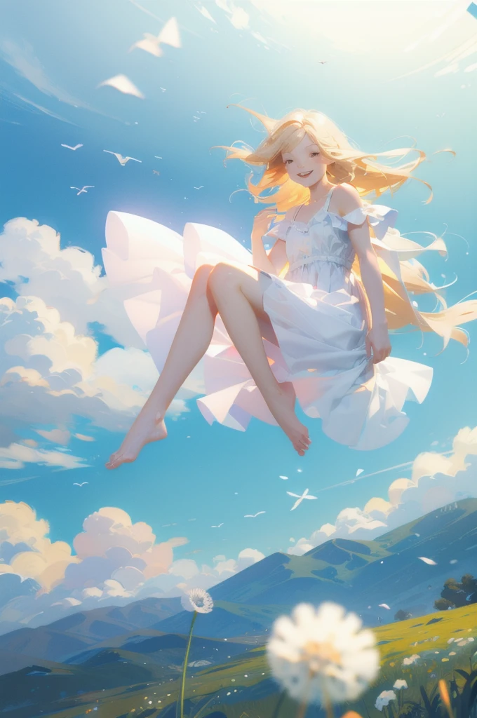 (( best quality , masterpiece, Absurd,  super resolution))  1 girl , close, ( hair fluttering in the wind), Hair fluttering, Blonde long hair, Big smile, Movement, (Windy), Strong winds, Strong winds,  White Sundress, Bare Shoulder, barefoot,  Flying Dandelion , ZB Spring , Jiyu , the above,  floating in the air , Lift your legs, 