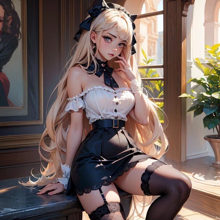 (masterpiece, best quality:1.4), absurdres, highres, ultra detailed, beautiful, (perfect face, detailed face, beautiful:1.3),(breasts exposed), black pencil skirt, tight, over the knee skirt, thighhighs, thick thighs, thighs,Garter Belt Stocking Fishnet, More detailed 8K.motor irreal:1.4,UHD,La mejor calidad:1.4, fotorrealista:1.4, textura de la piel:1.4, obra maestra:1.8,obra-prima, mejor calidad, (detailed face features:1.3),(manos detailed)