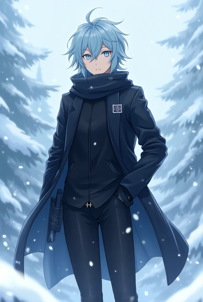 Create an image of a male character inspired by Roxy Migurdia from Mushoku Tensei. He has light blue hair and blue eyes, dressed in a black outfit suitable for a snowy environment. The character should have a similar style to Roxy, with a confident and determined expression. The background should feature a snowy landscape, enhancing the wintry atmosphere, with gentle snowflakes falling around him. The character's pose should convey a sense of adventure and readiness. Anime style, overlord style, Fate Zero style, anime, full body. black clothes.