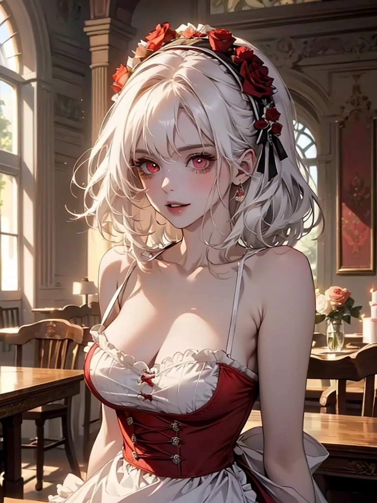 Nsfw, ((((masterpiece, best quality, high resolution)))), solo girl, white hair, red eyes, short wavy hair, (large breasts: 1.2), blush, light smile, parted lips, glow, thighs, bare shoulders, collarbone, narrow waist, cleavage, (beautiful detailed face, beautiful detailed red eyes), long slender thighs, perfect eyes, (maid outfit, maid apron, maid headband), (sunbeam, sunlight, rose, wind, cafe),
