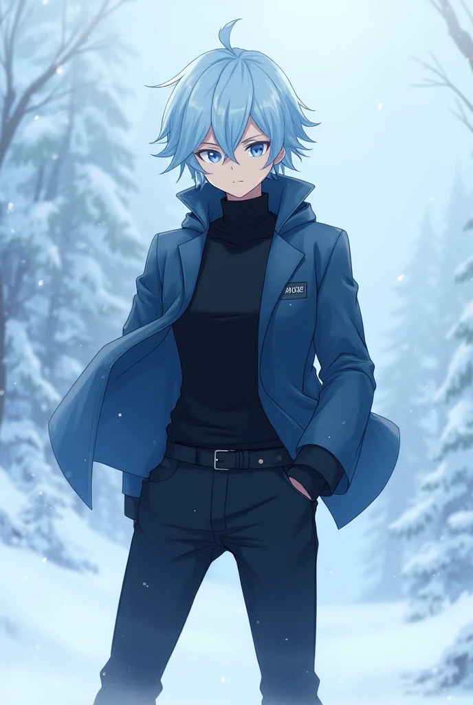 Create an image of a male character inspired by Roxy Migurdia from Mushoku Tensei. He has light blue hair and blue eyes, dressed in a black outfit suitable for a snowy environment. The character should have a similar style to Roxy, with a confident and determined expression. The background should feature a snowy landscape, enhancing the wintry atmosphere, with gentle snowflakes falling around him. The character's pose should convey a sense of adventure and readiness. Anime style, overlord style, Fate Zero style, anime, full body. black clothes.