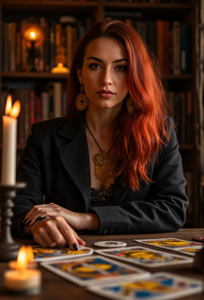  ((Masterpiece)) ((Photography)) ((Highest quality)), ultra-realistic portrait of a beautiful old gypsy fortune-teller inside her caravan. Tarot cards from the Marseille deck are laid out on the table. The gypsy has fiery red hair and a diabolical gaze, her eyes glowing in the color of fire. Her nails are painted black, and she wears golden cabalistic jewelry, including large earrings. The atmosphere is mystical and intense, with soft lighting casting shadows inside the caravan. ((Nikon D850)) with ((85mm f/1.4 lens)), ((ISO 100)), ((f/1.4 aperture)), and ((1/2500 shutter speed)), capturing every intricate detail of the scene.