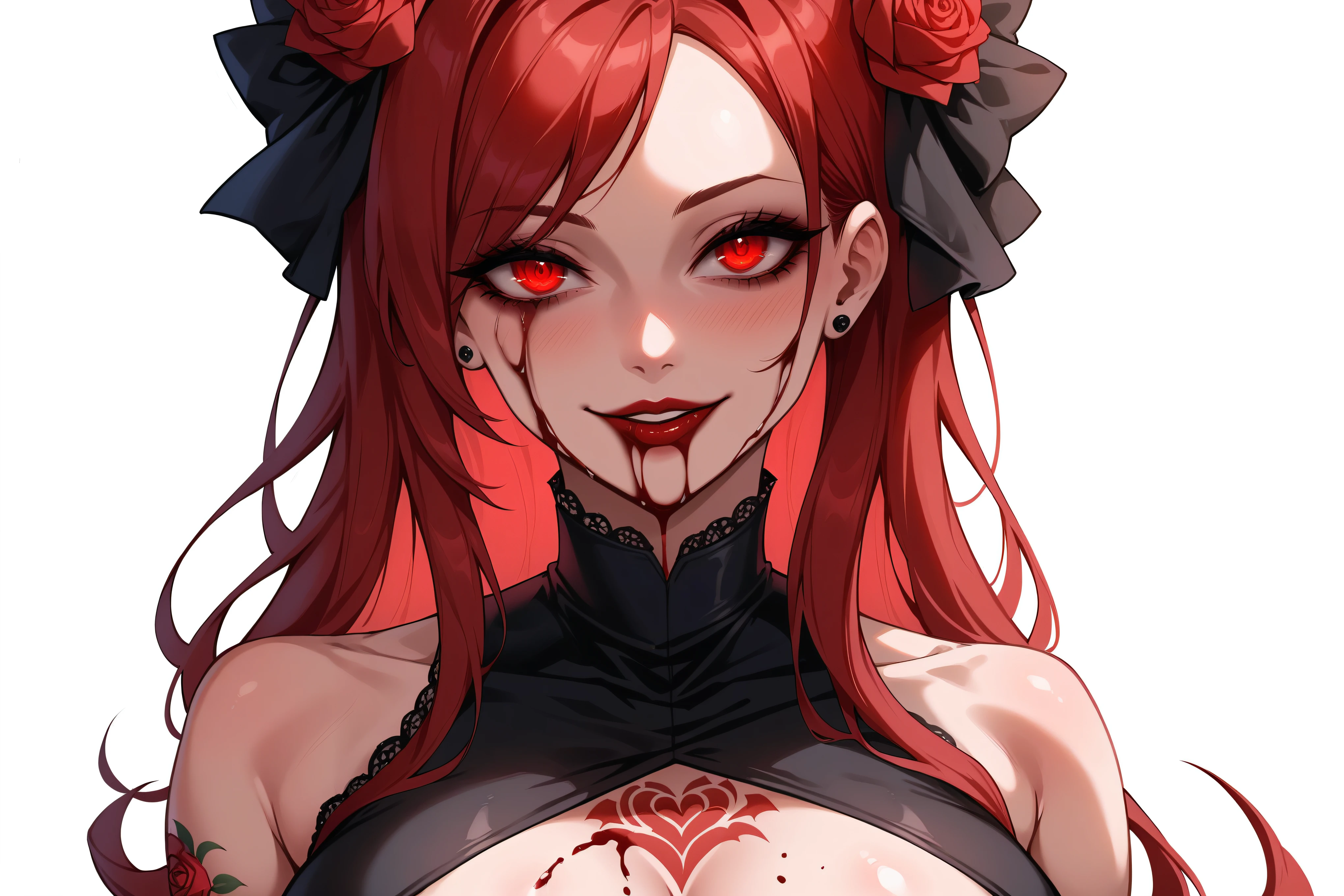 A girl with red eyes, scarlet long hair, she has a red rose in her hair. She is wearing a very sexy cut black dress. She has a very intense look, a sadistic smile, blood red lipstick. She has very enormous breasts. She has a red rose tattoo on her chest. She has blood all over her face and body, bloody scars, dripping blood, too much blood, blood drip on eye. Ultra detailed, extra detailed face, 4k. nipples out. She did a love sign. Sit on a throne made of sharp roses