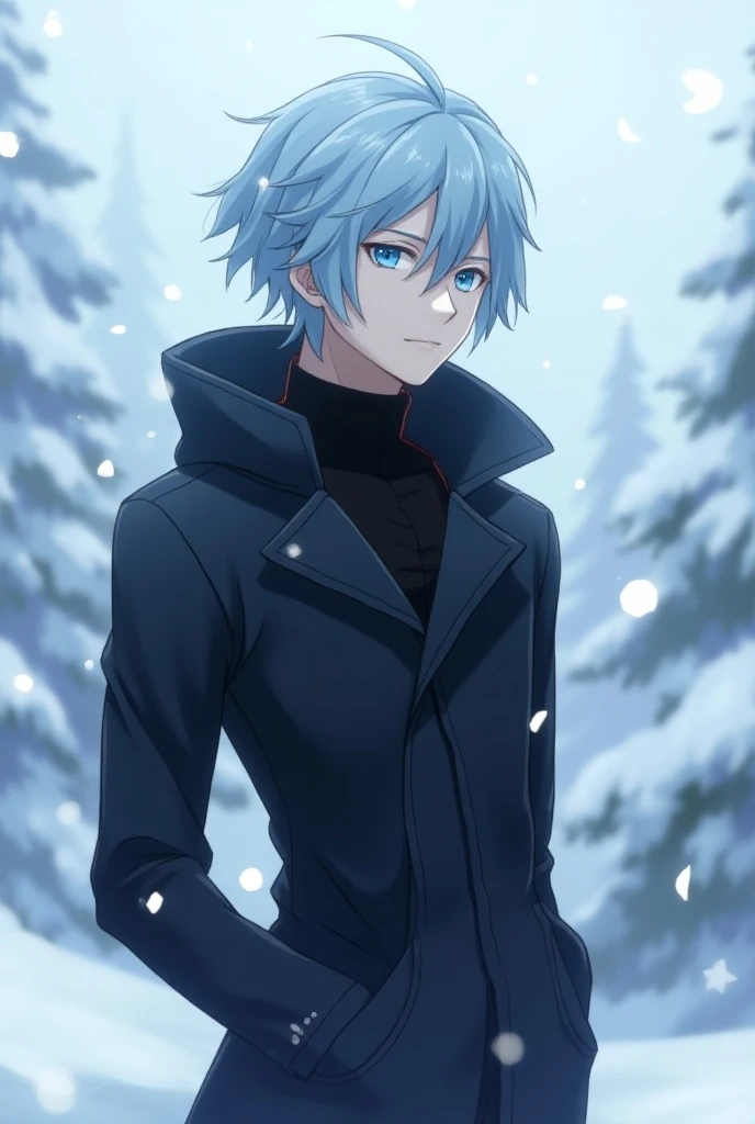 Create an image of a male character inspired by Roxy Migurdia from Mushoku Tensei. He has light blue hair and blue eyes, dressed in a black outfit suitable for a snowy environment. The character should have a similar style to Roxy, with a confident and determined expression. The background should feature a snowy landscape, enhancing the wintry atmosphere, with gentle snowflakes falling around him. The character's pose should convey a sense of adventure and readiness. Anime style, overlord style, Fate Zero style, anime, full body. black clothes.