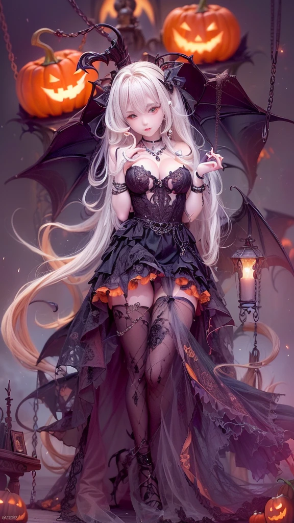 ( Photorealistic:1.9, Dark fantasy:1.9, Best Quality, masterpiece,  super high definition),  perfect dynamic composition :1.3, (( Halloween :1.3,  trick or treat:1.3,  lots of pumpkins :1.3)),  Dark Demon World , Satanic, ( Wear elegant jewelry :1.3,  Wear elegant jewelry :1.3),  very detailed な肌と顔の質感:1.3, Very accurate,  very detailed , ( Her left foot is tightly chained {x} Please feel the beautiful eroticism {x} Sexy Succubus Devil with big wings:1.4,  Wear countless chains entangled in clothes :1.3, beautiful、Midea:1.3), Horn,  white skin,  slave, (( Wear elegant jewelry :1.3)), ( Big Eyes That Exude Eroticism :0.4,  Please open your mouth a little, lipstick, beautifulエロティシズムを感じてください:0.9, Too sexy:0.9, charm的な:0.9), (Bloody:1.5, Covered in scars:1.5,  Have countless chains entangled in clothes :1.6, Chain your right arm:1.5, Chain the left arm:1.5,  Properly put on clothing :1.5,  Incredibly slim body :1.5),  Super Long Blonde Curly Hair ,  earrings with cups, necklace,  bracelet, Sensual posture, romantic, Mysterious,  elegant, The object of admiration, original, dramatic, Artistic, Innovative, charm, Heartful, Gorgeous, sense of exaltation, Feelings of despair, sense of openness, sense of cleanliness , Special,  exciting , grotesque, Extreme, sense of loss, sorrow, sorrowの表現, ((悪魔のcharm, 女性的なcharm))