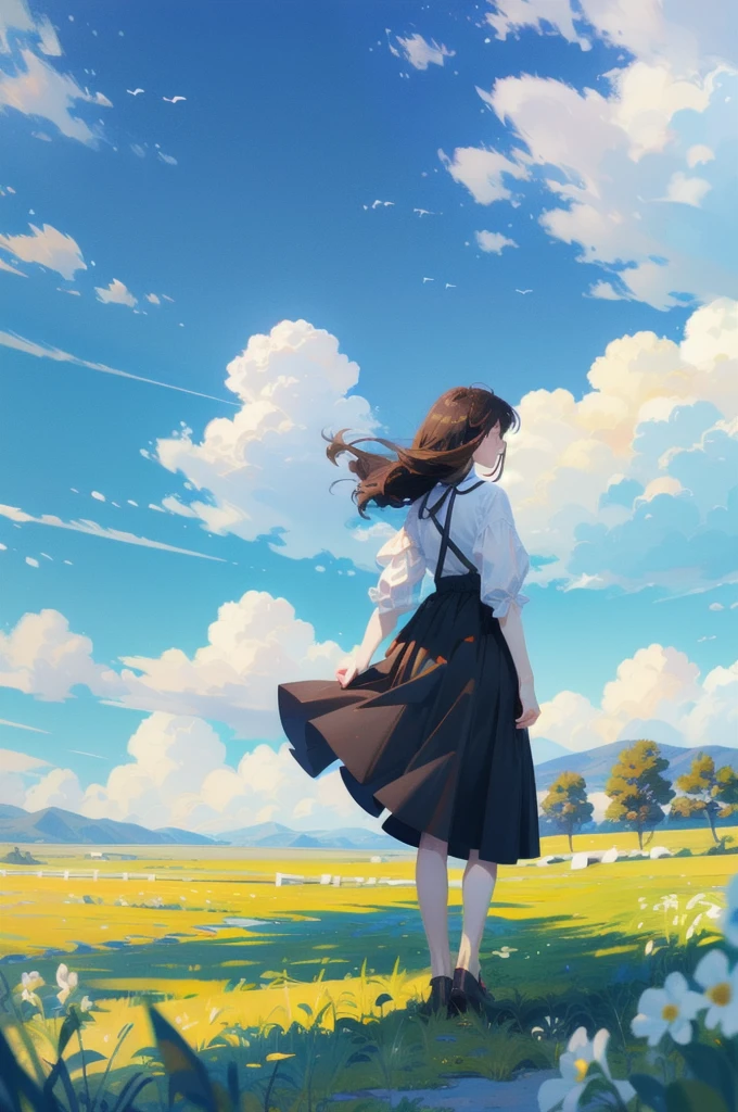 (( best quality , masterpiece, Absurd,  super resolution)) A girl with black hair and 、Girl with long brown hair 、 couple 、 back view walking hand in hand、 The background is a prairie surrounded by beautiful greenery 、Blue Sky、 White Clouds 、