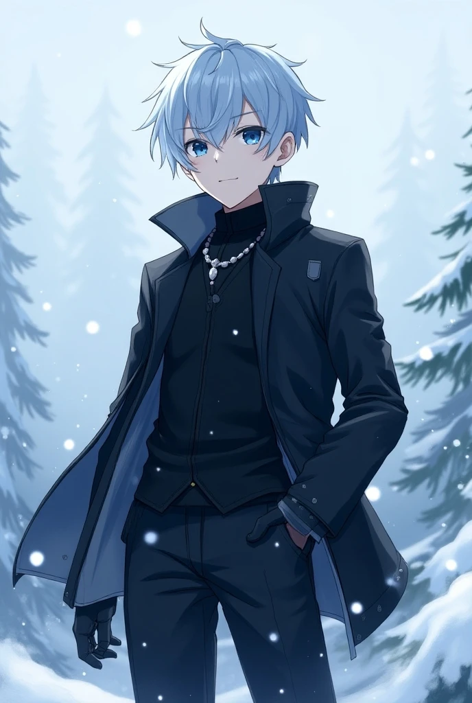 Create an image of a male character inspired by Roxy Migurdia from Mushoku Tensei. He has light blue hair and blue eyes, dressed in a black outfit suitable for a snowy environment. The character should have a similar style to Roxy, with a confident and determined expression. The background should feature a snowy landscape, enhancing the wintry atmosphere, with gentle snowflakes falling around him. The character's pose should convey a sense of adventure and readiness. Anime style, overlord style, Fate Zero style, anime, full body. black clothes.