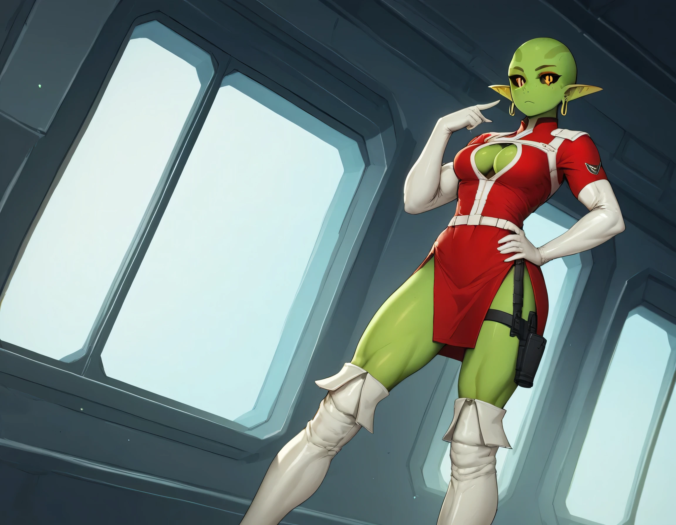 (((Solo))), score_9,score_8_up,score_7_up, alien girl, monster girl, slit pupils, yellow pupils, black sclera, green skin, pointy ears, bald, hourglass figure, (((1girl))), medium breasts, athletic, (((red sci-fi uniform with white accents))), (((red uniform))), (((white leather knee-high boots))), (((red side-slit thigh-length skirt))), cleavage cutout, ((((in a spaceship)))), tall, freckles on face, looking out window, looking away from viewer, disinterested expression, high cheekbones, standing by window, hairless, no eyebrows, no eyelashes, (((view of cosmos through window))), (((white leather elbow-length gloves))), dutch angle, small golden earrings in ear lobes, ((((no eyebrows))), (((holster on left thigh))), (((one hand on hip))), glass space helmet, (((trigger discipline)))