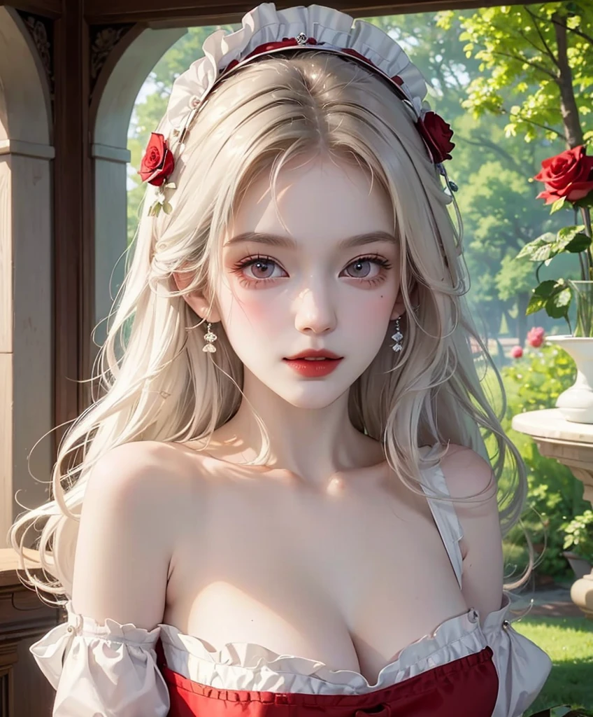 Nsfw, ((((masterpiece, best quality, high resolution)))), solo girl, white hair, red eyes, short wavy hair, (large breasts: 1.2), blush, light smile, parted lips, glow, thighs, bare shoulders, collarbone, narrow waist, cleavage, (beautiful detailed face, beautiful detailed red eyes), long slender thighs, perfect eyes, (maid outfit, maid apron, maid headband), (sunbeam, sunlight, rose, wind, cafe),
