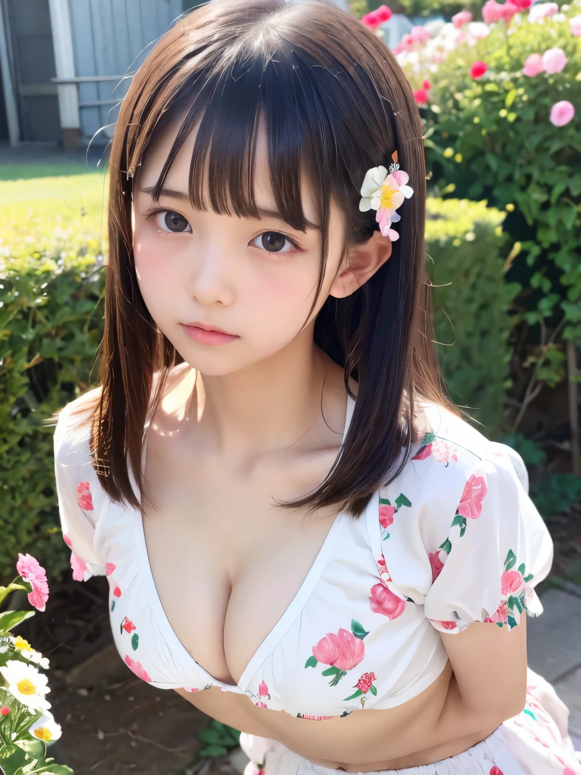  girl，Small breasts，Dairy products are not used，With bangs，Elementary school students，young，anger， hair length is bob，photo shoot，garden，ish，Ugly s clothes ，Surrounded by flowers