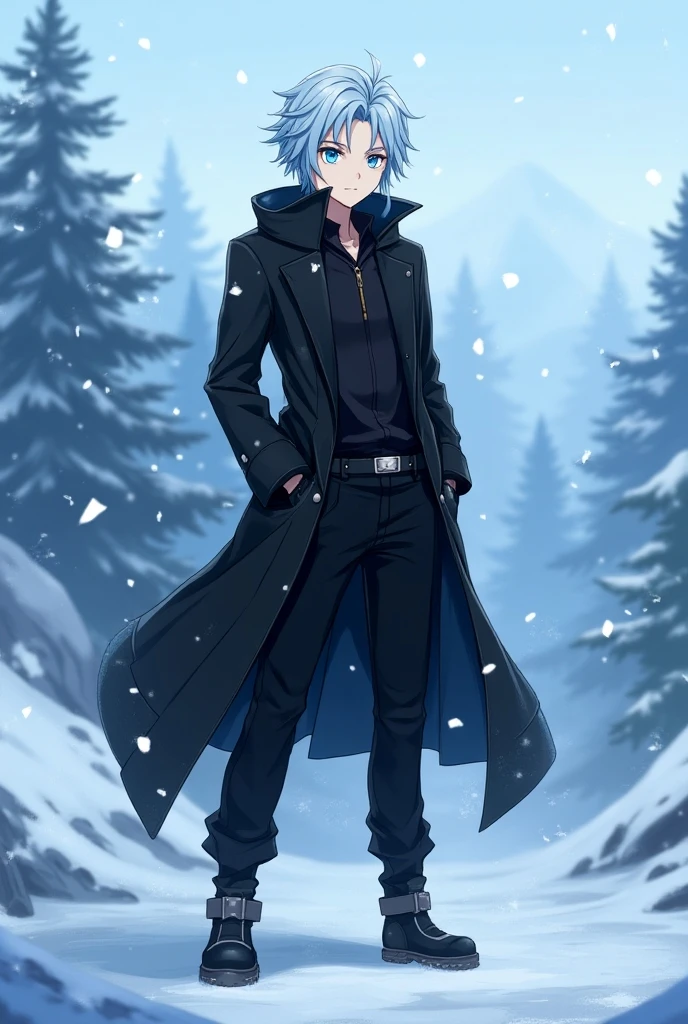 Create an image of a male character inspired by Roxy Migurdia from Mushoku Tensei. He has light blue hair and blue eyes, dressed in a black outfit suitable for a snowy environment. The character should have a similar style to Roxy, with a confident and determined expression. The background should feature a snowy landscape, enhancing the wintry atmosphere, with gentle snowflakes falling around him. The character's pose should convey a sense of adventure and readiness. Anime style, overlord style, Fate Zero style, anime, full body. black clothes.