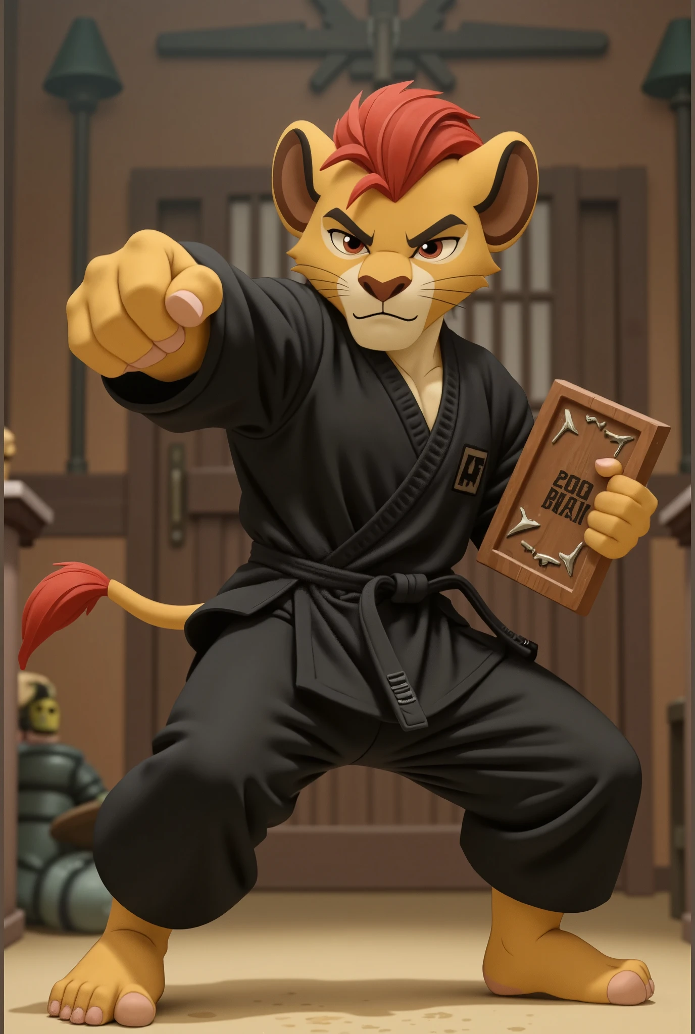 (((Barefoot furry character, full body, cinematic setting, furry boy, anthro lion, plantigrade))), (((anime))). beefy, muscular (((Kion))), (((younger Kion wearing black karate kimono))), focused, determined, perform powerful karate punch with his hand, ((nice detailed feet paws with claws))), (((four toes))), short red hair, red tip of a tail, (((correct anatomy))) (((smashes a wooden sign that says "200 followers"))), punches wooden plaque with the inscription "200 followers", hand strike BREAK, intricate details, highly detailed, extreme detail, octane render, fine art, best quality, highres, (detailed face:1.5), ((full_body)), UHD, (((perfect hands))), ((low light:1.5))