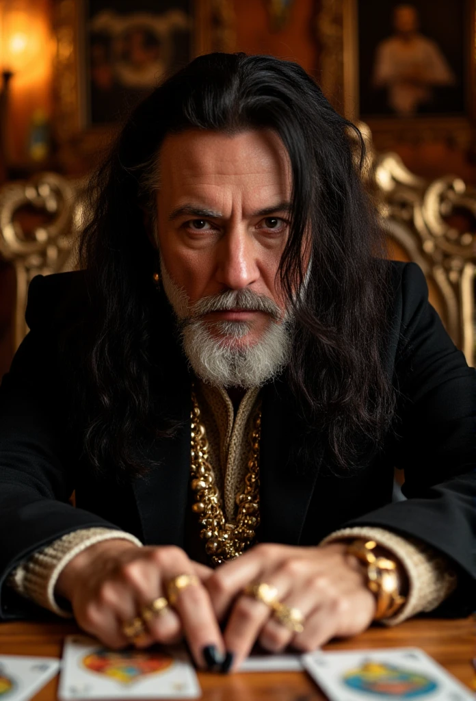 ((Masterpiece)) ((Photography)) ((Highest quality)), ultra-realistic portrait of an old handsome gypsy fortune-teller inside his caravan. Tarot cards from the Marseille deck are spread across the table. The gypsy man has intense, fiery eyes and dark hair, giving him a mysterious and diabolical aura. His nails are painted black, and he wears golden cabalistic jewelry, including thick rings and earrings. The atmosphere is mystical, with soft lighting casting dramatic shadows inside the caravan. ((Nikon D850)) with ((85mm f/1.4 lens)), ((ISO 100)), ((f/1.4 aperture)), and ((1/2500 shutter speed)), capturing every detail of the scene with stunning clarity.