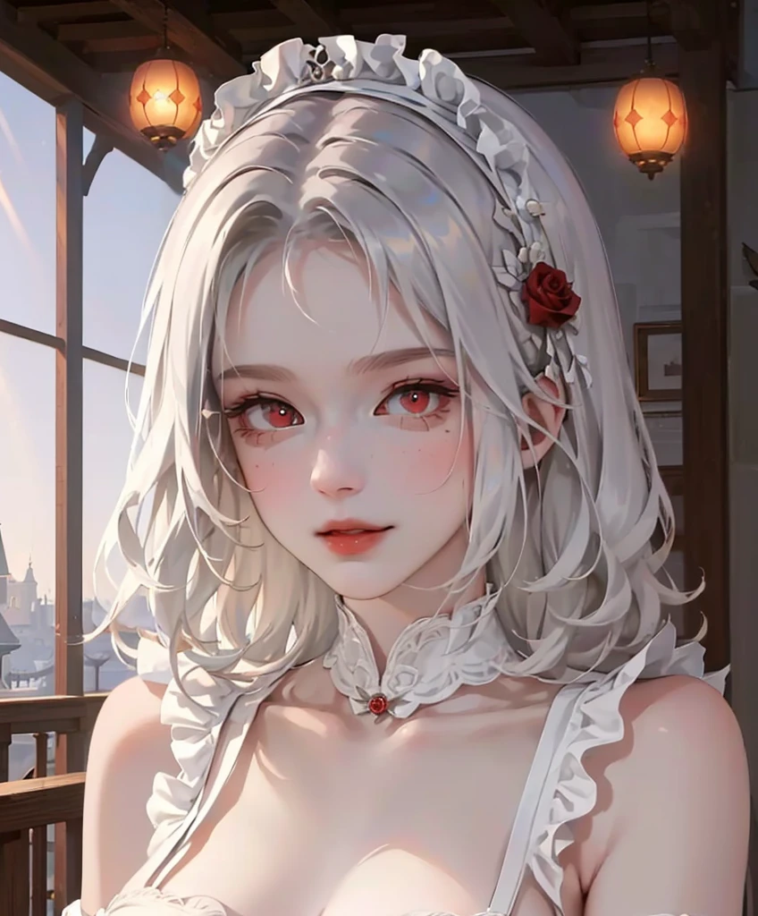 Nsfw, ((((masterpiece, best quality, high resolution)))), solo girl, white hair, red eyes, short wavy hair, (large breasts: 1.2), blush, light smile, parted lips, glow, thighs, bare shoulders, collarbone, narrow waist, cleavage, (beautiful detailed face, beautiful detailed red eyes), long slender thighs, perfect eyes, (maid outfit, maid apron, maid headband), (sunbeam, sunlight, rose, wind, cafe),