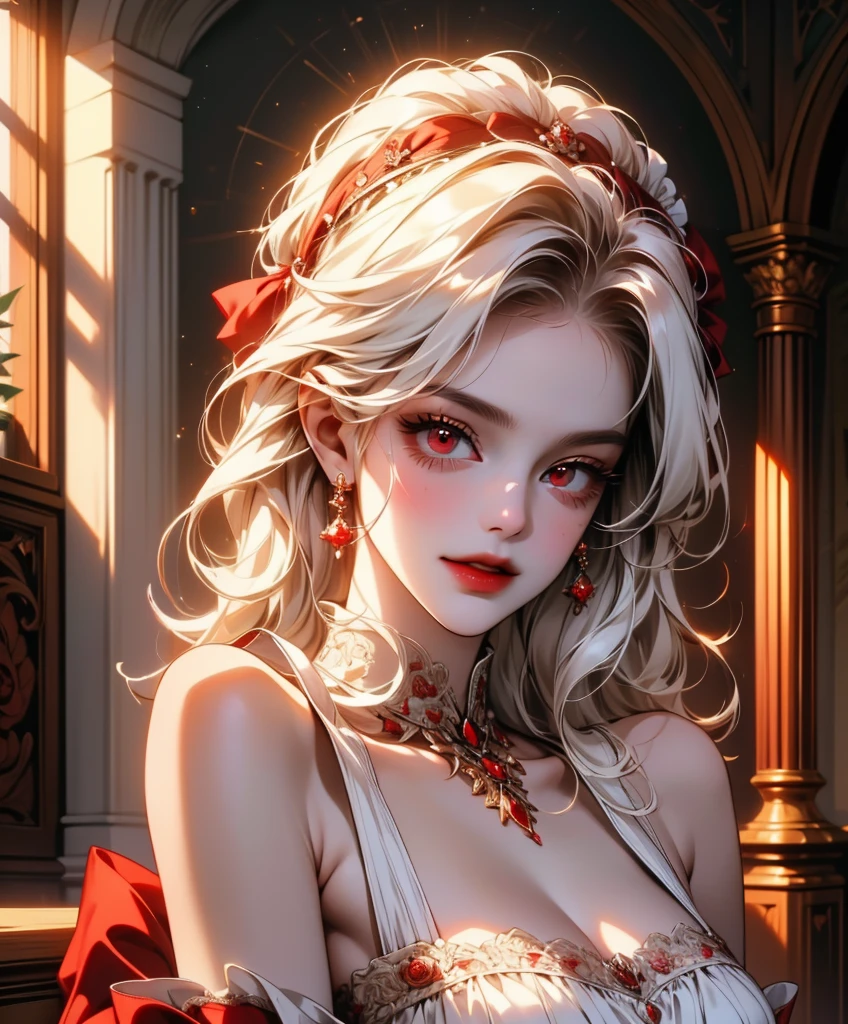 Nsfw, ((((masterpiece, best quality, high resolution)))), solo girl, white hair, red eyes, short wavy hair, (large breasts: 1.2), blush, light smile, parted lips, glow, thighs, bare shoulders, collarbone, narrow waist, cleavage, (beautiful detailed face, beautiful detailed red eyes), long slender thighs, perfect eyes, (maid outfit, maid apron, maid headband), (sunbeam, sunlight, rose, wind, cafe),