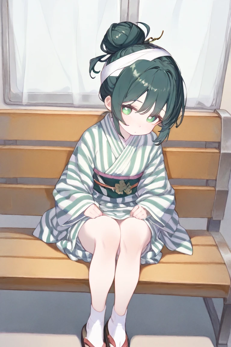 (masterpiece, best quality, hyper detailed:1.2), Thin line drawing, cute, watercolor, thick fog,
1girl, short, fair skin, dark green hair, single hair bun, green eyes, big and droopy eyes,
hospital, waiting room, sitting on bench,
bandage on head and leg, striped japanese clothes,