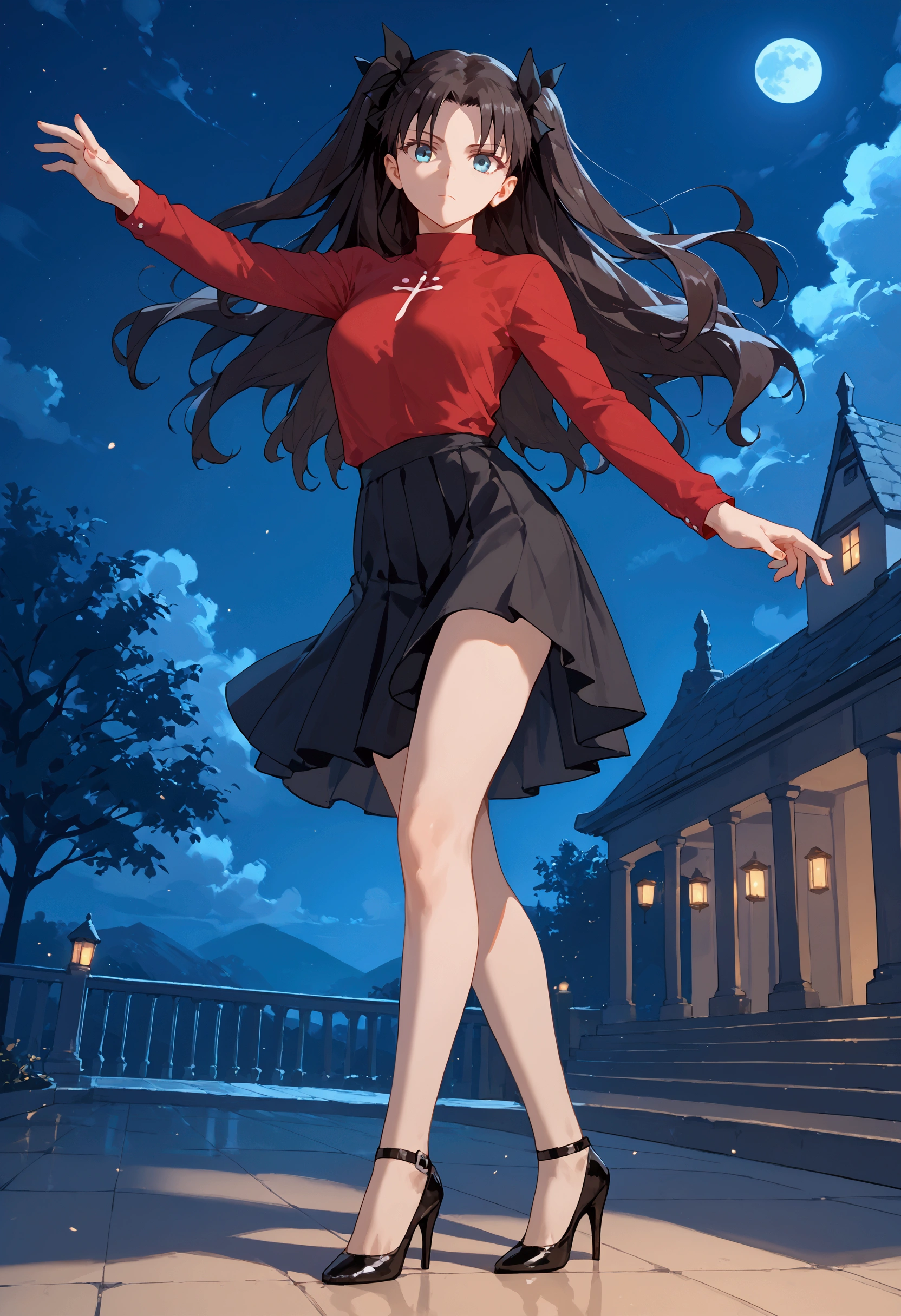 solo, 1girl, seductive smile, black hair, long hair, blunt bangs, red eyes, Skater_dress - This is a dress that has a fitted bodice and a very flared circular skirt. They have an Aline silhouette with a very defined waist., winter, tropical steppe, drop shadow, bright, fairytale, surreal, mystical <lora:naomura_tooru_style_v01:1>