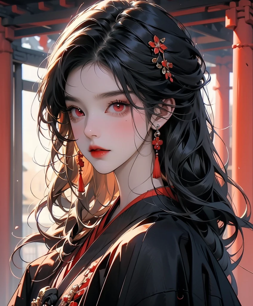 1female, black hair long straight, red eyes, black kimono, feudal Japan, looking at viewer, portrait, beautiful, symmetrical face