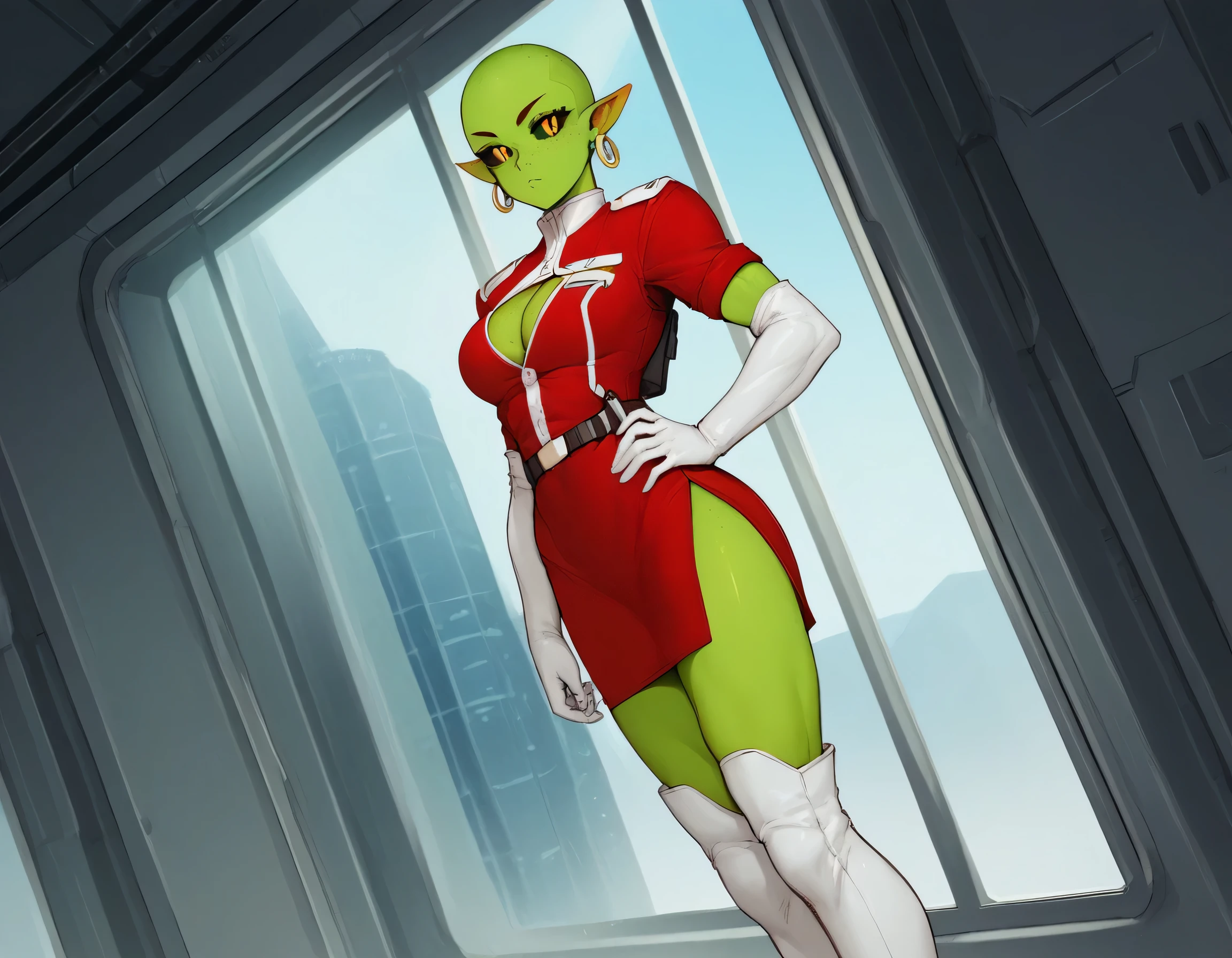 (((Solo))), score_9,score_8_up,score_7_up, alien girl, monster girl, slit pupils, yellow pupils, black sclera, green skin, pointy ears, bald, hourglass figure, (((1girl))), medium breasts, athletic, (((red sci-fi uniform with white accents))), (((red uniform))), (((white leather knee-high boots))), (((red side-slit thigh-length skirt))), cleavage cutout, ((((in a spaceship)))), tall, freckles on face, looking out window, looking away from viewer, disinterested expression, high cheekbones, standing by window, hairless, no eyebrows, no eyelashes, (((view of cosmos through window))), (((white leather elbow-length gloves))), dutch angle, small golden earrings in ear lobes, ((((no eyebrows)))), (((holster on left thigh))), (((one hand on hip))), glass space helmet, (((trigger discipline)))