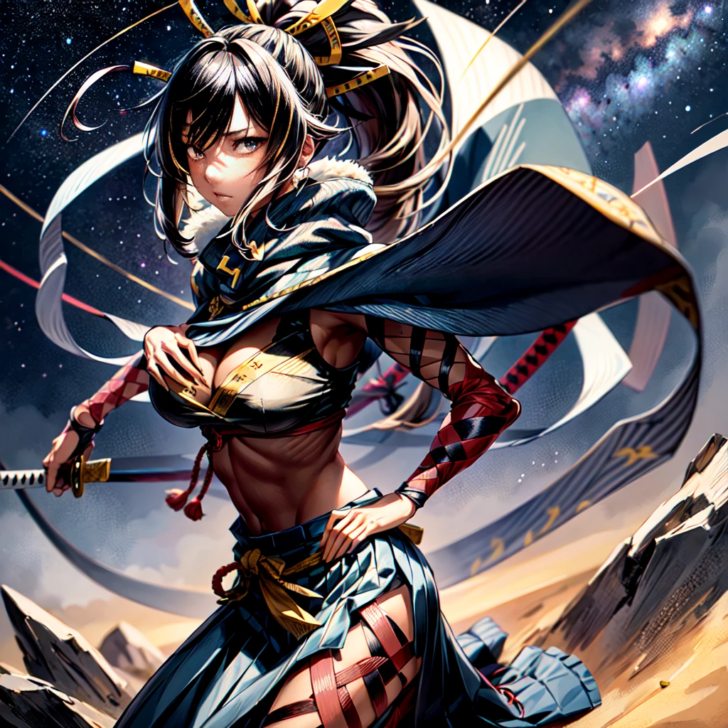 One girl, samurai,Japanese swords,Composition showing the whole Japanese sword  ,anime, Anatomically correct, A series of character actions, ponytail, masterpiece, Textured skin, Action Painting, Heavy makeup, Brown Skin, Perfect Face, Perfect Eyes, very small breasts, Very thin legs, chest armor, long skirt, alone, accurate, anatomically correct, Starry Sky, 