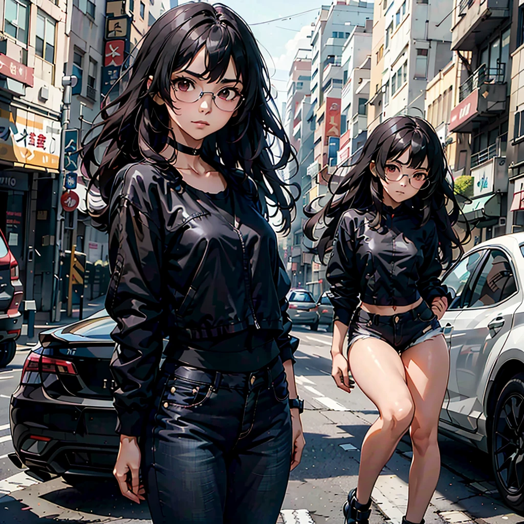 girl with long black hair and dark brown eyes, wearing black frame glasses , and with two arms and two legs and with normal black jeans and black jacket to go out on the street,pose near a car,anime style 4 k, attractive anime girl, badass anime 8 k, beautiful alluring anime woman, beautiful anime woman, beautiful anime girl, 4k anime wallpaper, cyberpunk anime girl, female cyberpunk anime girl, hd anime wallaper, female action anime girl, anime style. 8k