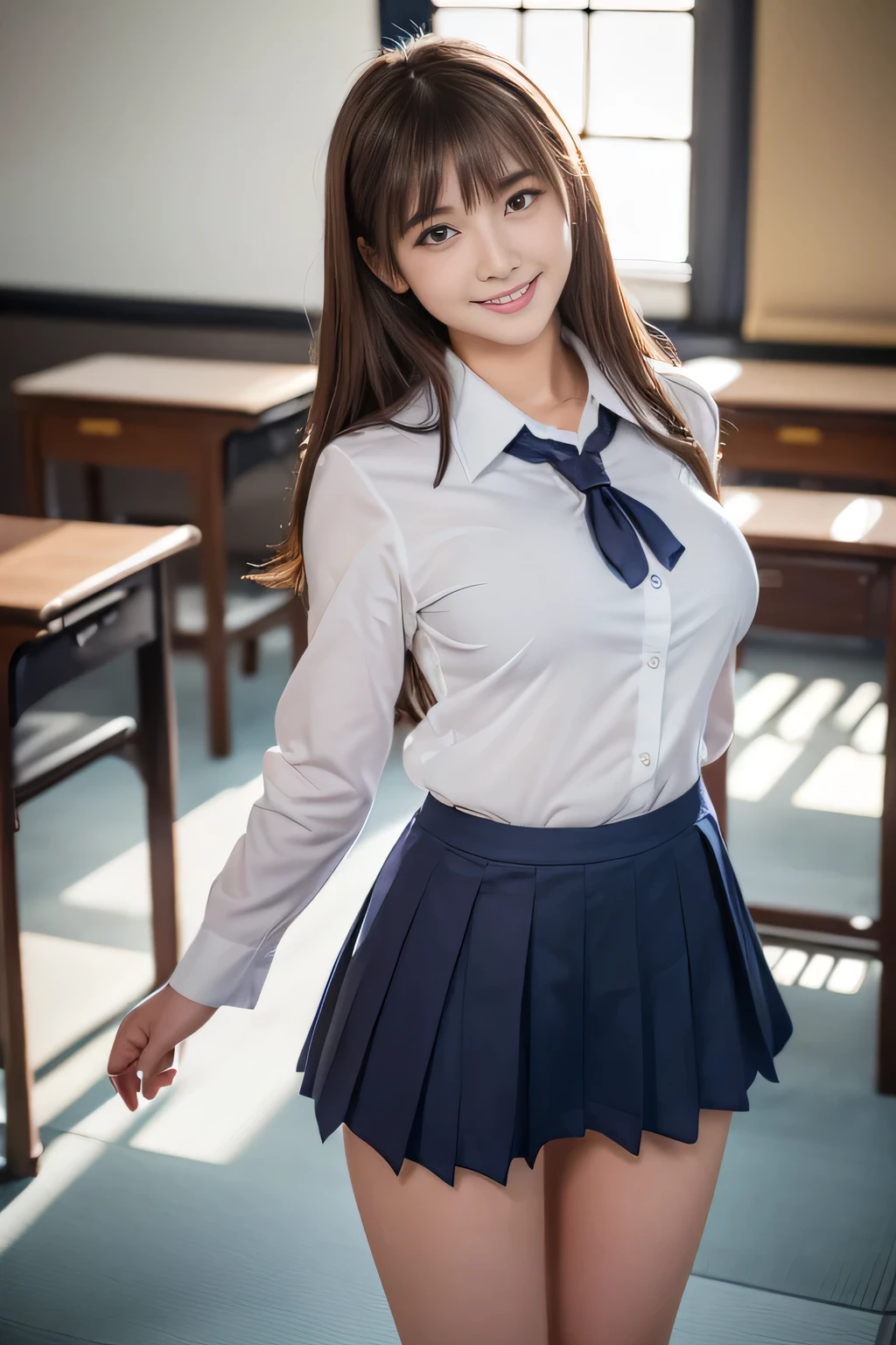 (( Beautiful Japanese Girl :1.3)) (( School Uniforms:1.4)) ((Panty shot:1.5)) ((high school)),(( dark blue skirt :1.3)) ((is in the classroom:1.3)) ((thin_fabric:1.4)) (( random sexy pose :1.5)) (( Sweaty :1.5))((Blushing:1.4)) ((Slender body)) ((Big Breasts:1.4)) ((close)) best quality ,masterpiece, super high definition,( Photorealistic:1.4),RAW Photos,( Real Skin Texture :1.3),( FILM GRAIN:1.3), panorama, character portrait ,Wide shot, Thin Waist:1.2, cowboy shot,(In the Dark, Deep Shadow, Modest, Cold Light,) Knight ,(()), Tears flowing,,Dust, tyndall effect,(Performance), 1 girl ,Beautiful detailed eyes and face, white jabo , Brown Eyes ,((Brown Hair:1.2)) ((Full Body:1.3)) ((smile:1.3))