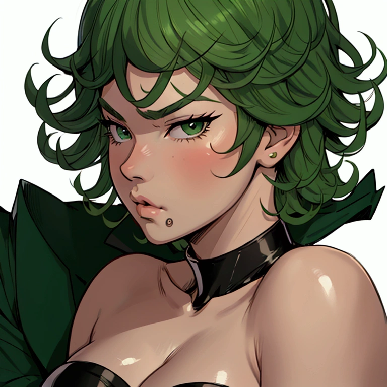 A girl, Tatsumaki, cute girl, 4k, beautiful work, beautiful detailed close up portrait,  cute angry face, Chubby pout, super detailed, very erotic, very sexy,  Tatsumae One Punch Man , cute short detailed green hair,  side profile ,  kissing another girl, sexy erotica .