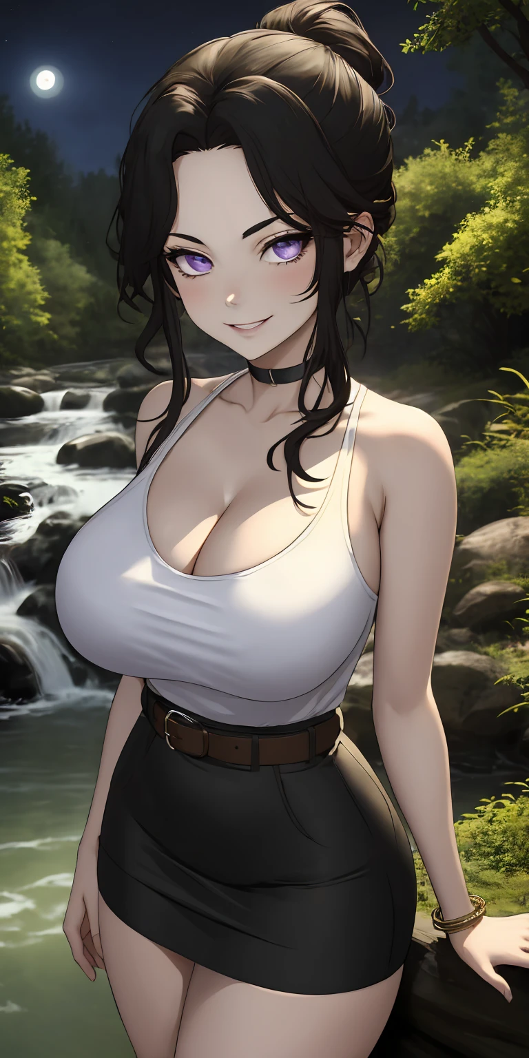 masterpiece, best quality, extremely detail 8k cg, high resolution, 1girl, solo, mature female, TamayoKNY, black hair, hair up, neat bun, violet eyes, pale skin, jewelry, big boobs, gigantic breasts, round breasts, black top, tank top, v neck, tight shirt, cleavage, pencilskirt, miniskirt, tight skirt, belt, choker, bracelet, night time, moonlight, outdoors, forest, river, waterfall, beautiful face, seductive expression, smirk, medium full shot