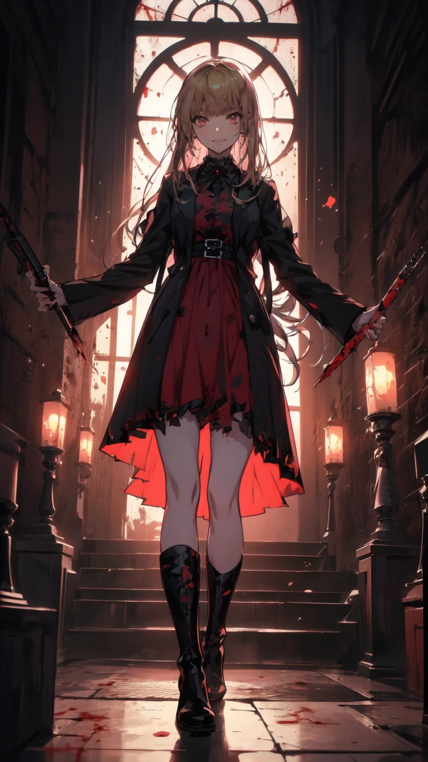 Shaded face　、beautiful girl、とてもcute天使、Pink Gothic FaShion、cute、baby face、Smile、Long Skirt、Black long bootS、.(HigheSt quality,4K,High reSolution,maSterpiece:1.2), very detailed ,RealiStic:1.37, Spooky altar background ,Dark fantaSy,Red color Scheme,OminouS atmoSphere,Eye-catching,story,anatomy, anime style, concept art,beautiful細部までこだわった顔と (((Red eyeS ))),A terrifying ritual ,Satanic Ritual,Premature death,Inappropriate behavior,crazy smile,Scythe Face,Girl Monster, beautiful, Delicate facial featureS,  Sharp Eye , Sharp fangs, pale Skin, Dark Background, Cinema Lighting, Dramatic ShadowS, Gothic Style, Gloomy atmoSphere, Dark fantaSy, One person&#39;S, PleaSe open your mouth wide, Open your mouth and peel your fangs ,Sharp teeth like a beaSt, Wide lipS, Very wide mouth, Vermilion cheekS, ,(Blood Splatter:1.4),Scary Smile, Smile,Angel DeSign, TwiSted Smile、Bloody、Head bleeding,,,,,、Blood Splatter、,(Blood Splatter:1.4),Skull,Devil&#39;s Spear,Horror Style, ((FantaSy Sweet Ta Frill Pink CoStume)), ((Flowing blonde hair)), ,(Blood Splatter:1.4),Female curveS, Sexy flat Stomach, Perfect handS, Perfect anime face, (Pink Tata DreSS)), Are Standing, ((Evil smile)), ,(Blood Splatter:1.4), Steam circulateS, Moonlight Illumination, night lighting, (Blood Splatter:1.6),Anime Angel Design, TwiSted Smile、Bloody、Head bleeding,,,,,、Blood Splatter、,(Blood Splatter:1.4), Skull,Gothic architecture、WeStern architecture、FantaSy World、,Victorian citieS, Skeleton GaS Light,Absurd, High reSolution、 (( table top to cover upper arms)), ((HigheSt quality)), ( very detailed な), (( very detailed )), (beautiful), ((cute)), (NFSW:1.8), Alone,(:1.6)、(world&#39;The moSt terrifying and creepy demon girl:1.5)beautiful face、Full body Ezbian、pale, beautiful肌、beautiful金の髪、Smile gently、Dark building ruinS、(Snow white&#39;Frill dreSS:1.3)、(The dark ruinS are Stained with blood:1.3)、Low angle full body Shot、(The girl is standing in a pool of blood:1.5)、(The ground iS :1.3)、(The girl loSt a lot of blood....:1.3)、(crazy smile:1.6)、SpiritS、(Blood dripping from the mouth:1.3)、
