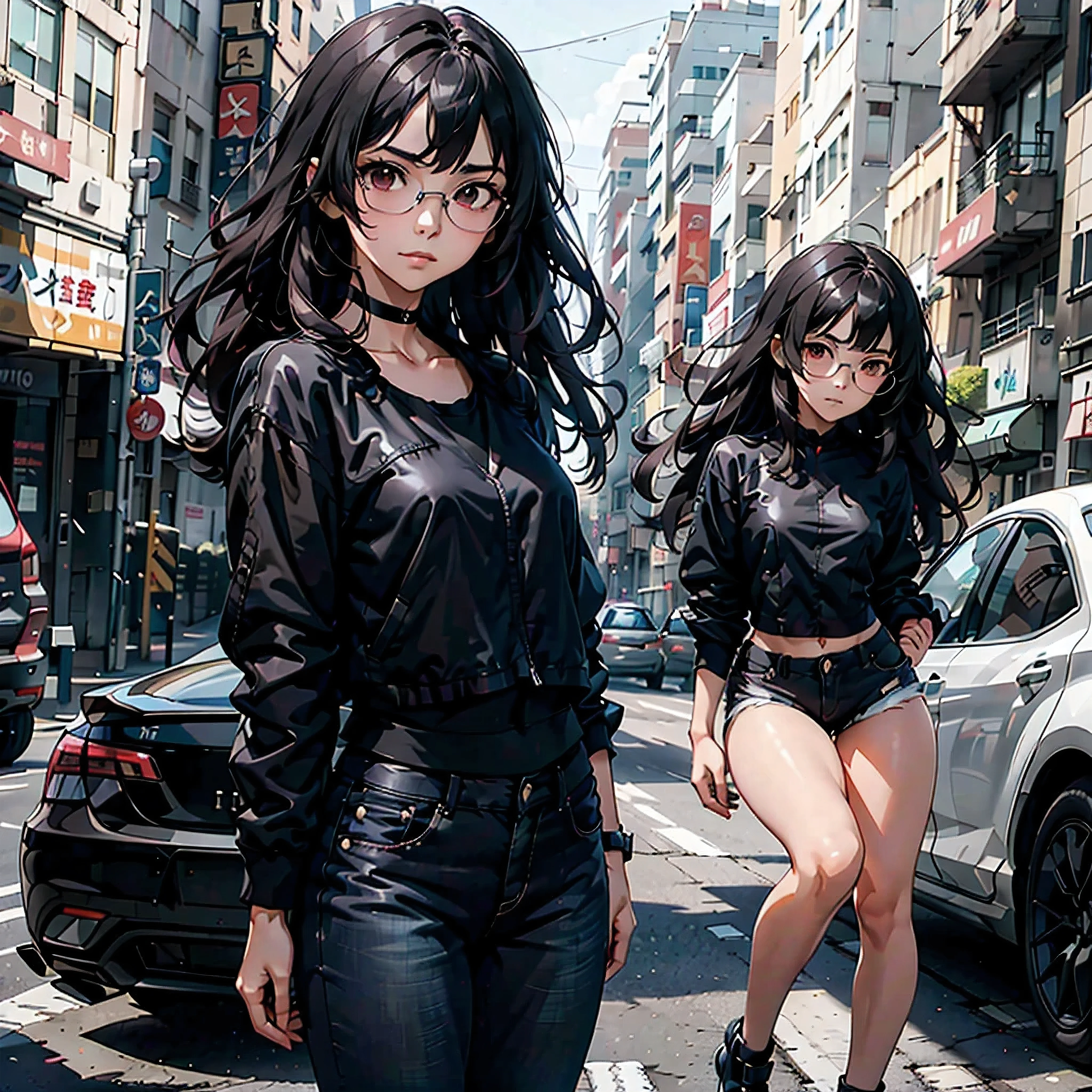 girl with long black hair and dark brown eyes, wearing black frame glasses , and with two arms and two legs and with normal black jeans and black jacket to go out on the street,pose near a car,anime style 4 k, attractive anime girl, badass anime 8 k, beautiful alluring anime woman, beautiful anime woman, beautiful anime girl, 4k anime wallpaper, cyberpunk anime girl, female cyberpunk anime girl, hd anime wallaper, female action anime girl, anime style. 8k