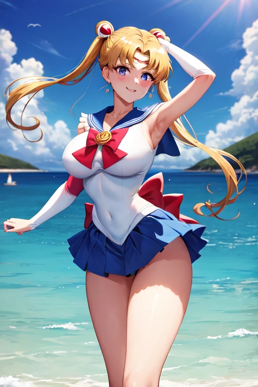 masterpiece, high definition, best quality, rendered art, well formed hands, fingers and body, 1 woman, solo, sailor moon , adult, grown up, twin tails, blonde, big breasted, cleavage, full body, , sexy sailor senshi uniform, short blue skirt, red boots, gorgeous hips, legs and thighs, blond, white elbow gloves, sailor collar, tiara, earrings,  dancing seductively and erotically, twirling around, , shaking her body alluringly, smiling joyfully, looking at the viewer, sweating , flirting, exuding sensuality and allure, beach environment dancing seductively and erotically, twirling around, , shaking her body alluringly, smiling joyfully, looking at the viewer, sweating , flirting, peek on panties, exuding sensuality and allure, beach environment  