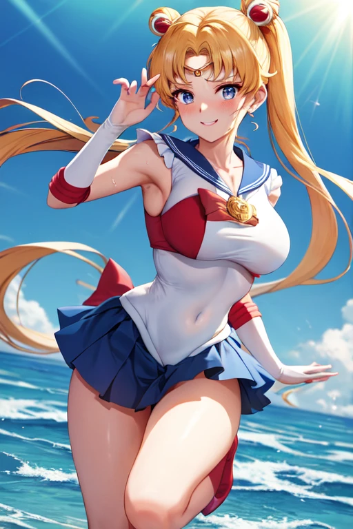 masterpiece, high definition, best quality, rendered art, well formed hands, fingers and body, 1 woman, solo, sailor moon , adult, grown up, twin tails, blonde, big breasted, cleavage, full body, , sexy sailor senshi uniform, short blue skirt, red boots, gorgeous hips, legs and thighs, blond, white elbow gloves, sailor collar, tiara, earrings,  dancing seductively and erotically, twirling around, , shaking her body alluringly, smiling joyfully, looking at the viewer, sweating , flirting, exuding sensuality and allure, beach environment dancing seductively and erotically, twirling around, , shaking her body alluringly, smiling joyfully, looking at the viewer, sweating , flirting, peek on panties, exuding sensuality and allure, beach environment  