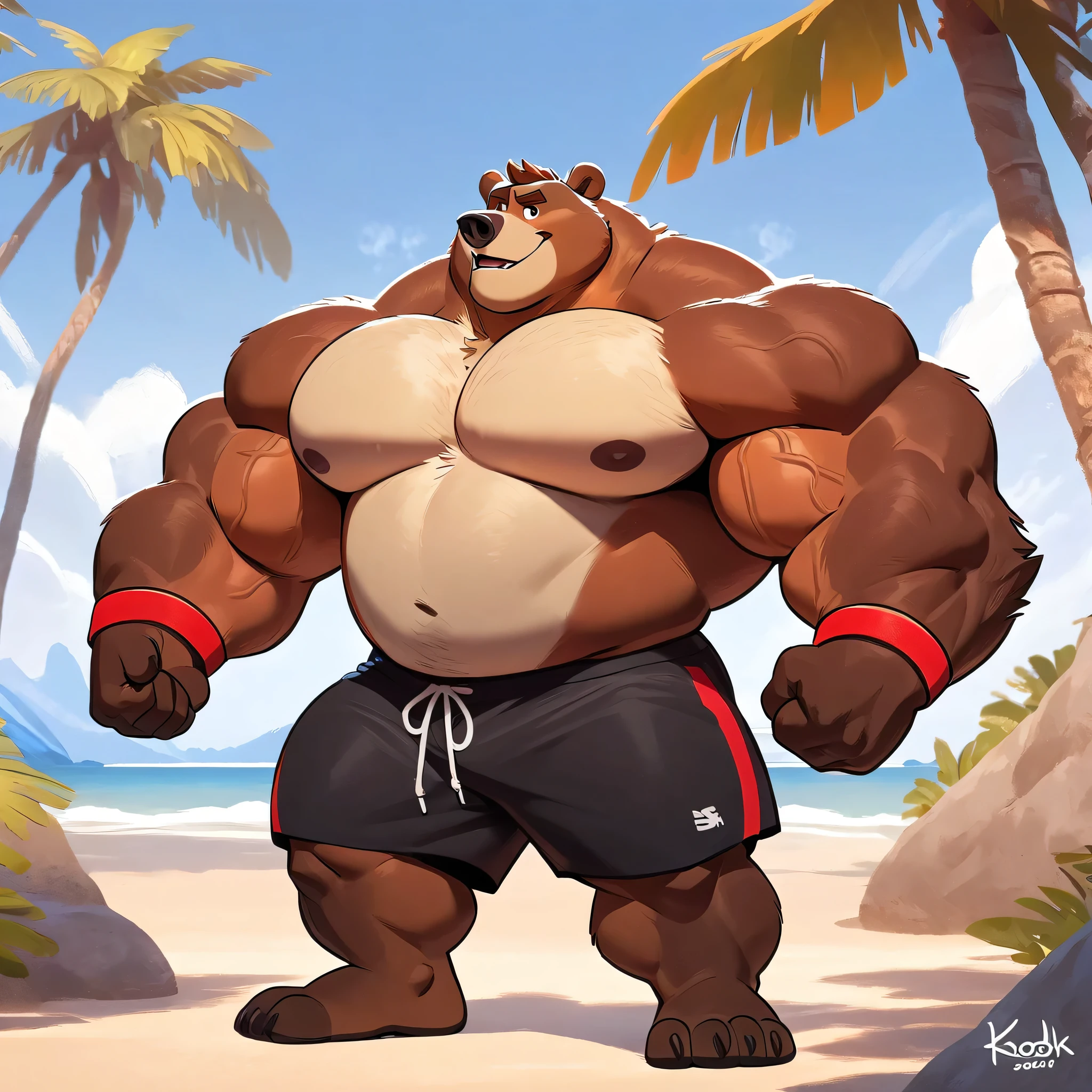 huge muscular kodiak bear in Tropical island beach, big grunting expression growl, kodiak bear, huge brown fur, thick arm, huge arm, huge white fur, thick arm, huge arm, added brown mustache, added brown beard, short hair, height: 220cm, weight: 440lbs, (veiny bulked up muscular, pectoral, wide pectoral, thick bulky arms), Walt Disney 2D Zootopia Animation Art Style, detailed light brown eyebrows, detailed eyes with red pupils, (wearing black swim trunks with red slits, wristbands, shirtless, topless and feet), bouncing his pecs, flexing his biceps and his thorax