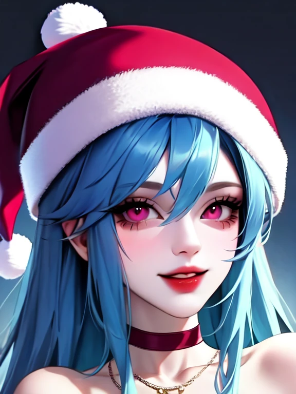 1girl, jinx \(league of legends\), solo, long hair, looking at viewer, smile, hat, jewelry, bare shoulders, blue hair, collarbone, teeth, choker, pink eyes, necklace, portrait, red headwear, santa hat, fur-trimmed headwear, sensitive
masterpiece, newest, absurdres,very aesthetic,best quality