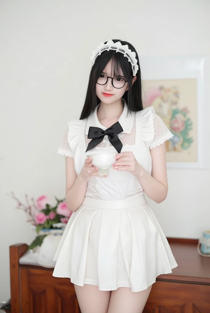 woman dressed in a mini white maid outfit, adorned with a black ribbon and a white bonnet. She is holding a white teacup in her left hand, adding a touch of color to her outfit. The backdrop is a stark white wall, with a wooden cabinet below it, and a framed picture hung on the wall. The woman's hair is styled in a long hair and glasses, and her eyes are focused on the left side of the frame.