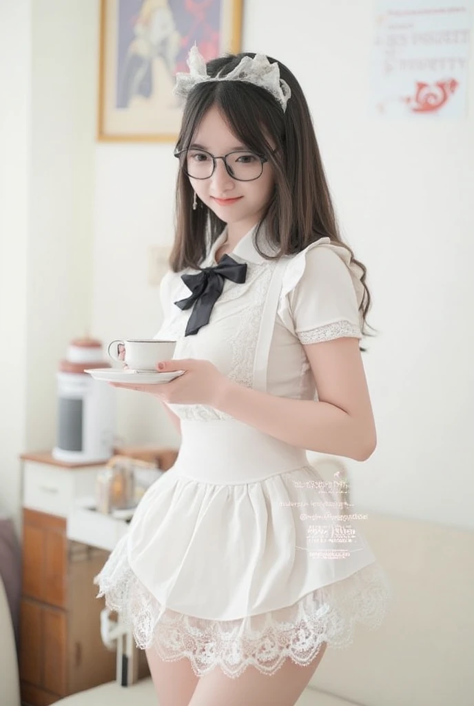 woman dressed in a mini white maid outfit, adorned with a black ribbon and a white bonnet. She is holding a white teacup in her left hand, adding a touch of color to her outfit. The backdrop is a stark white wall, with a wooden cabinet below it, and a framed picture hung on the wall. The woman's hair is styled in a long hair and glasses, and her eyes are focused on the left side of the frame.