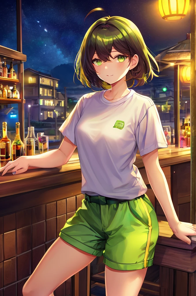 light yellow short hairstyle,Cute girl, short sleeves, eyes are green, green shorts(land wear), It's a bar, it's nighttime, 
Bar, night, violent, angry feeling (in anime style)