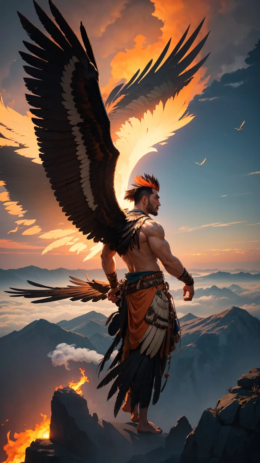  A dramatic full-body image ,  showing a 50-year-old indigenous American man ,  half human and half hawk , View of the coasts,  floating high in the sky . Your majestic wings,  inspired by the feathers of a hawk ,  stretch widely ,  creating a powerful silhouette against the horizon .  He wears traditional costumes of Brazilian tribes ,  combined with war paintings that run along his exposed back and arms . Below him,  a vast forest is consumed by flames ,  spreading smoke through the air and dyeing the sky with shades of red and orange at sunset .  The character hovers in the air , serene and determined ,  like an ancient guardian spirit .  His wings are partially open ,  as balancing between movement and rest ,  while your clothes flow Softly in the Wind .  The composition should highlight the contrast between the character's spiritual calm and the fury of the flames below,  with ashes and sparks rising through the air Around 