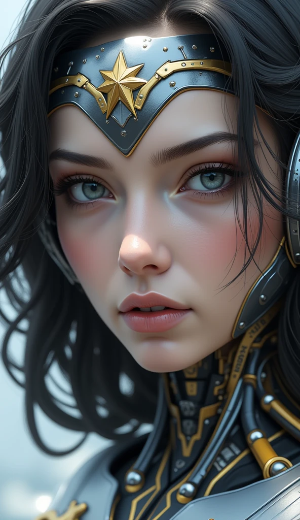 digital painting, cyberpunk version of Wonder Woman, android who looks lik Wonder woman, intricate details of mechanisms, metalic plates, technicaly masterpieces, human face with robotics eyes, detailed, 8k, cold colors, detailed portrait