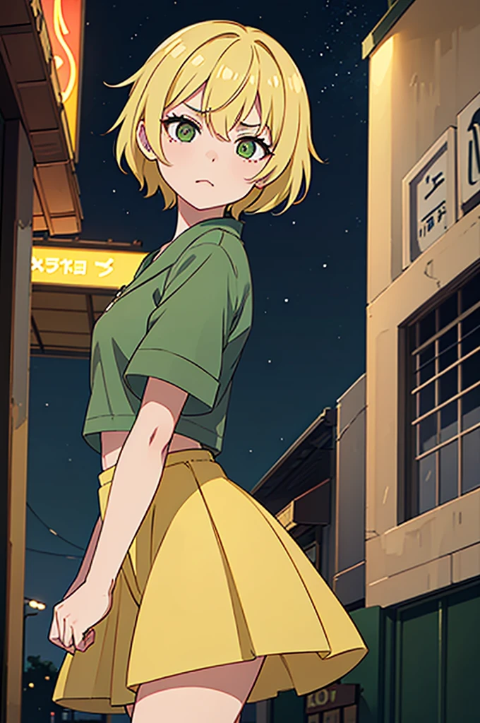 light yellow short hairstyle,Cute girl, short sleeves, eyes are green, green shorts(land wear), It's a bar, it's nighttime, Bar, night, violent, angry feeling (in anime style),punoko