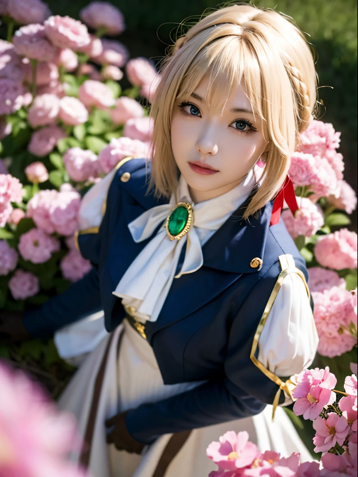 Altas Resoluciones, {saber_fenestaynightufotable:1.15}, rubio_cabello, Ahoge, verde_ojos, cinta, cabello_cinta, trenza, azul_cinta, corto_cabello, anime_colorante, Looking_en_espectador, cabello_entre_ojos, La mejor calidad, Obra maestra,phSaber, phAltoria, 1girl, solamente, Trenza francesa, resplandeciente, tenencia, Hair bun, Parte superior del cuerpo,saber, artoria, green eyes,wariza , smile, bed