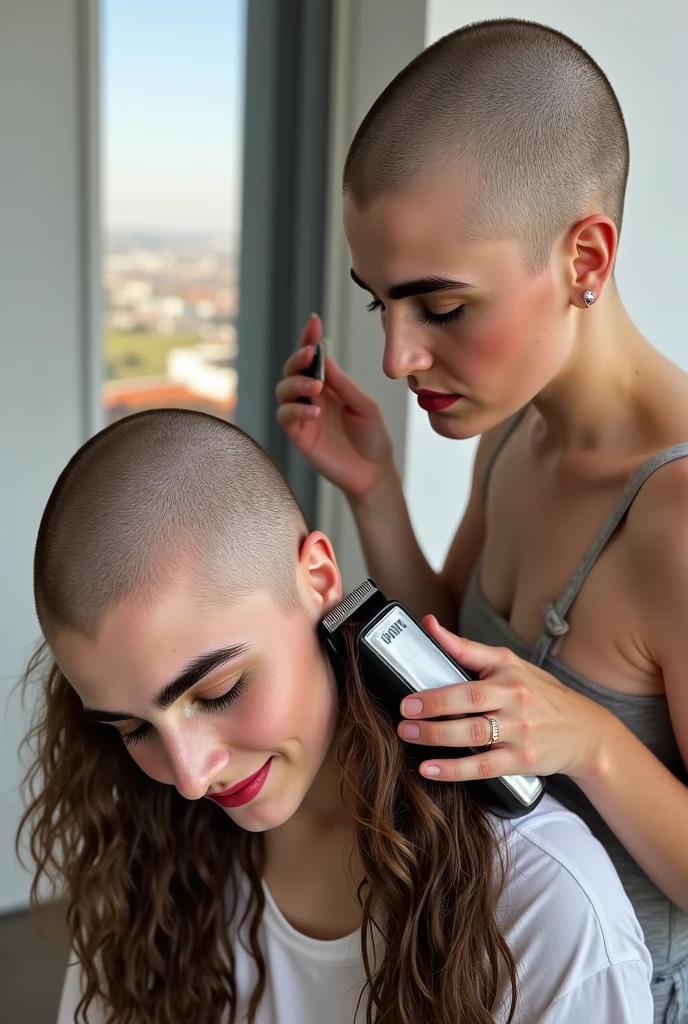 Two tall beautiful young women, one shaving the others head.  ((((first woman is bald her head is shaved clean to pale skin)))), (((she is holding "Wahl" hair clippers which are currently shaving the second woman's head, she is intensely looking at the (second woman's half bald head)))). (((The second woman has her left-side of her head bald and the right-side has hair), she is looking at the viewer and smiling, there are short hair bits and many strands of cut hair that cover her shirt and are stuck on the second woman's face))).