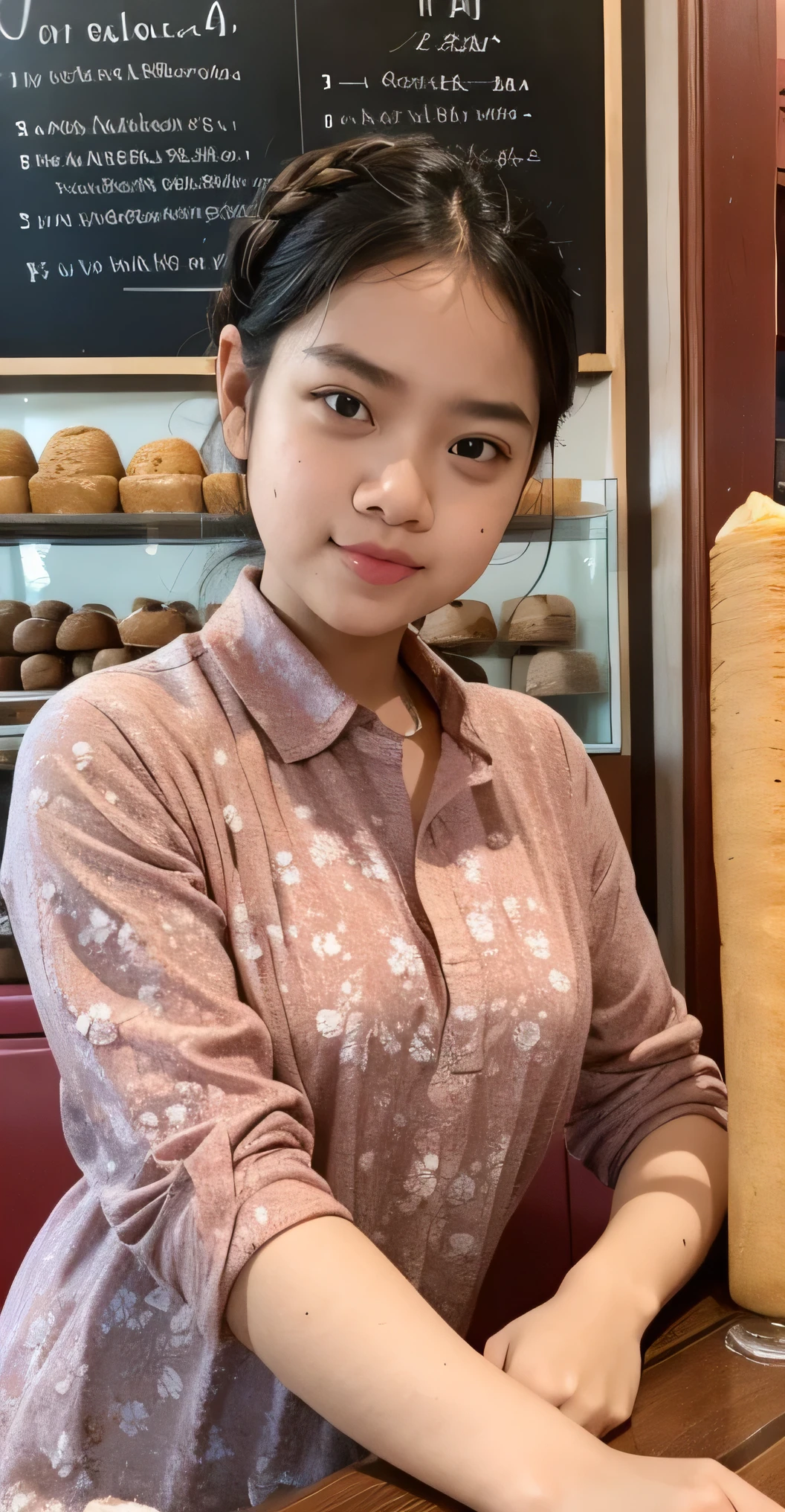 indonesian girl, french bakery、one girl、Baker、Snazzy、french braid、brown eyes、plump lips、anatomy、surreal、highest quality、ultra high resolution、Super detailed、RAW photo、８ｋ、everyday scenery、A shop with delicious baguettes、wear floral pattern shirt、